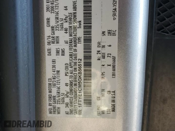 2016 Ford Transit Cargo with VIN 1FTYE1CM5GKB56512, listed as a Copart auction lot 82561724 with Not Provided miles and Salvage Title. Bid and sale history available at carsss.com. Image 13.