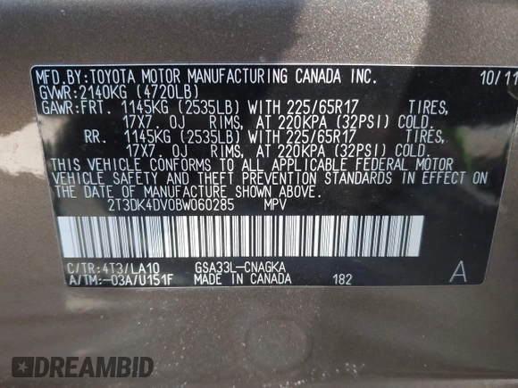 2011 Toyota RAV4 Ltd with VIN 2T3DK4DV0BW060285, listed as a IAAI auction lot 41677068 with 61,636 mi miles. Bid and sale history available at carsss.com. Image 9.