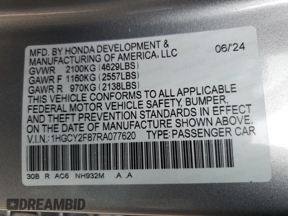 2024 Honda Accord Touring with VIN 1HGCY2F87RA077620, listed as a Copart auction lot 65668285 with 5,851 mi miles and Non repairable. Bid and sale history available at DreamBid. Image 13.