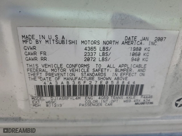 2007 Mitsubishi Galant ES with VIN 4A3AB36F27E058844, listed as a Copart auction lot 50871845 with 170,533 mi miles and Salvage Title. Bid and sale history available at carsss.com. Image 13.