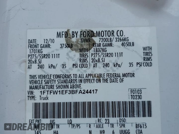 2011 Ford F-150 XL with VIN 1FTFW1EF3BFA24417, listed as a Copart auction lot 58860725 with 204,789 mi miles and Salvage title. Bid and sale history available at DreamBid. Image 12.
