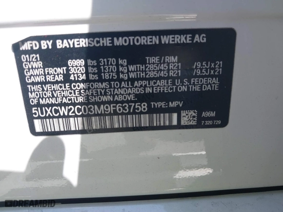 2021 BMW X7 xDrive40i with VIN 5UXCW2C03M9F63758, listed as a IAAI auction lot 41708939 with 57,872 mi miles. Bid and sale history available at carsss.com. Image 9.