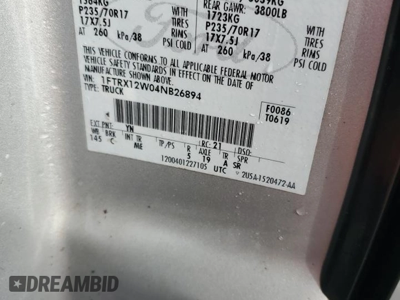 2004 Ford F-150 STX with VIN 1FTRX12W04NB26894, listed as a Copart auction lot 42958345 with 986,965 mi miles and Salvage Title. Bid and sale history available at carsss.com. Image 12.