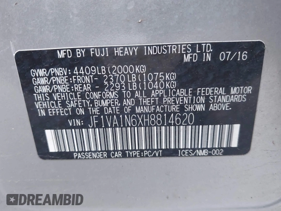 2017 Subaru WRX Limited with VIN JF1VA1N6XH8814620, listed as a IAAI auction lot 41357591 with 93,060 mi miles. Bid and sale history available at carsss.com. Image 9.