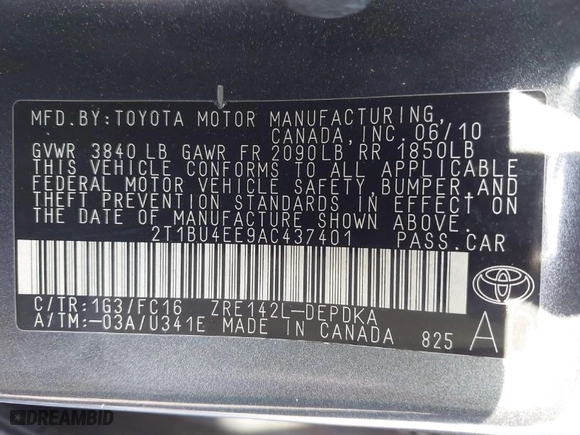 2010 Toyota Corolla with VIN 2T1BU4EE9AC437401, listed as a IAAI auction lot 41869126 with 95,514 mi miles. Bid and sale history available at carsss.com. Image 9.