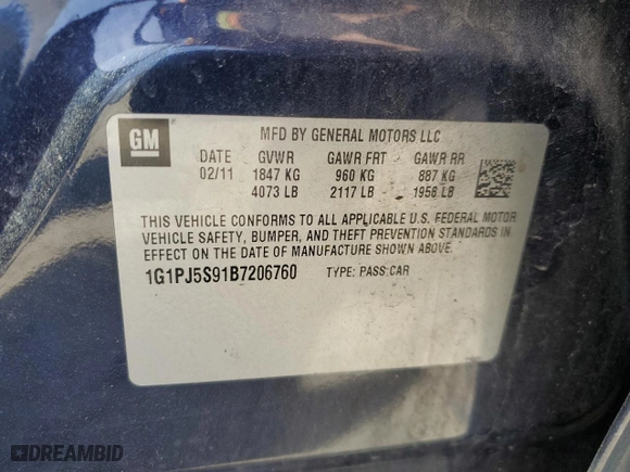 2011 Chevrolet Cruze ECO w/1XF with VIN 1G1PJ5S91B7206760, listed as a Copart auction lot 48948255 with 113,540 mi miles and Salvage Title. Bid and sale history available at carsss.com. Image 12.