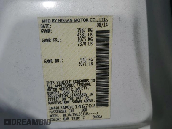 2015 Nissan Altima SL z VIN 1N4BL3AP0FC146702, wystawiony jako Copart lot #57381575 z przebiegiem 53 415 mil mil oraz Szkoda całkowita • Salvage title. Historia ofert i sprzedaży dostępna na DreamBid. Obrazek 12.