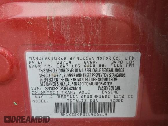 2014 Nissan Note S with VIN 3N1CE2CP3EL428614, listed as a Copart auction lot 56047685 with 183,434 mi miles and Salvage title. Bid and sale history available at DreamBid. Image 12.