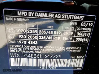 2019 Mercedes-Benz GLA with VIN WDCTG4EB6KJ647729, listed as a Copart auction lot 46885885 with 66,307 mi miles and Salvage Title. Bid and sale history available at carsss.com. Image 13.