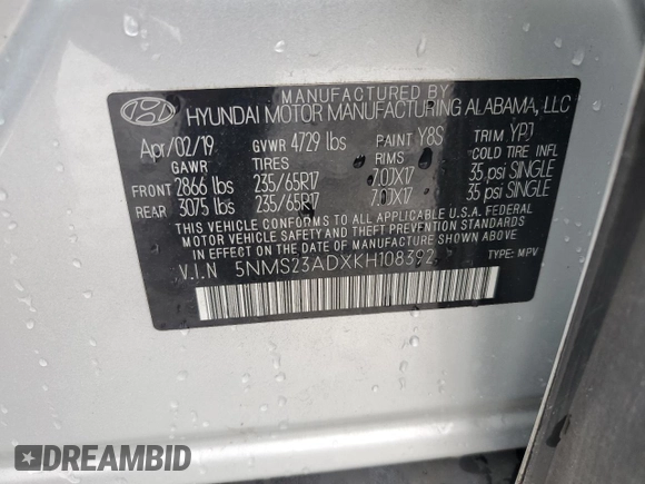 2019 Hyundai Santa Fe SE with VIN 5NMS23ADXKH108392, listed as a Copart auction lot 60161825 with 118,654 mi miles and Non repairable. Bid and sale history available at DreamBid. Image 13.