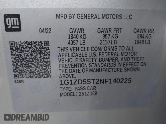 2022 Chevrolet Malibu LT with VIN 1G1ZD5ST2NF140225, listed as a IAAI auction lot 41864161 with 61,712 mi miles and . Bid and sale history available at DreamBid. Image 9.