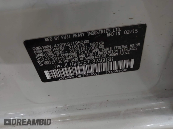 2015 Subaru Impreza Premium с VIN JF1GPAC63F8246038, выставлен на аукционе IAAI как лот 42161667 с пробегом 102 530 миль миль и . История ставок и продаж доступна на DreamBid. Изображение 9.