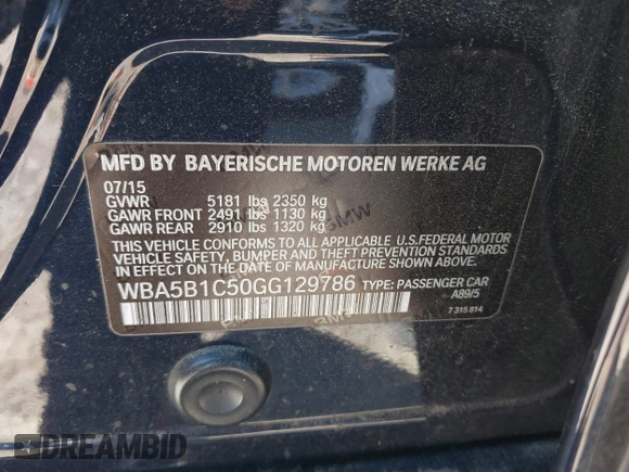 2016 BMW 5 Series 535i with VIN WBA5B1C50GG129786, listed as a IAAI auction lot 41701428 with 150,701 mi miles and . Bid and sale history available at DreamBid. Image 9.