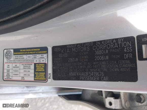 2015 Kia Forte LX with VIN KNAFK4A63F5419676, listed as a IAAI auction lot 42025595 with 137,748 mi miles. Bid and sale history available at carsss.com. Image 9.