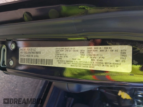 2021 Jeep Wrangler Sport z VIN 1C4GJXAN7MW796019, wystawiony jako IAAI lot #42172407 z przebiegiem 34 128 mil mil oraz . Historia ofert i sprzedaży dostępna na DreamBid. Obrazek 9.