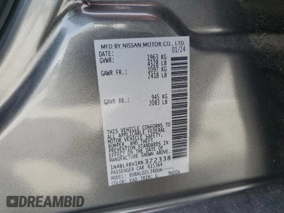 2024 Nissan Altima 2.5 S with VIN 1N4BL4BV1RN372338, listed as a Copart auction lot 49008415 with 43,463 mi miles and Salvage Title. Bid and sale history available at carsss.com. Image 13.