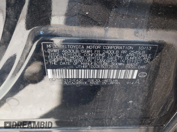 2014 Lexus IS 250 with VIN JTHBF1D22E5017576, listed as a IAAI auction lot 42131644 with 131,674 mi miles. Bid and sale history available at carsss.com. Image 9.