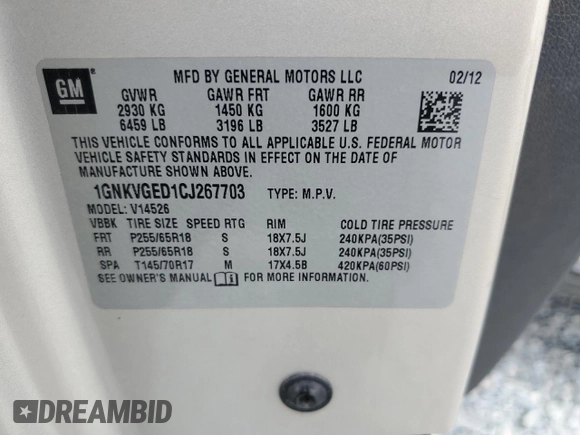 2012 Chevrolet Traverse 1LT z VIN 1GNKVGED1CJ267703, wystawiony jako Copart lot #56325335 z przebiegiem 199 101 mil mil oraz Szkoda całkowita • Salvage title. Historia ofert i sprzedaży dostępna na DreamBid. Obrazek 13.