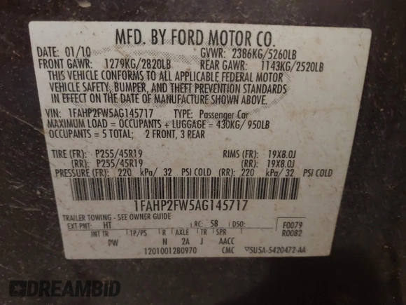 2010 Ford Taurus Limited с VIN 1FAHP2FW5AG145717, выставлен на аукционе IAAI как лот 42503027 с пробегом 203 995 миль миль и . История ставок и продаж доступна на DreamBid. Изображение 9.