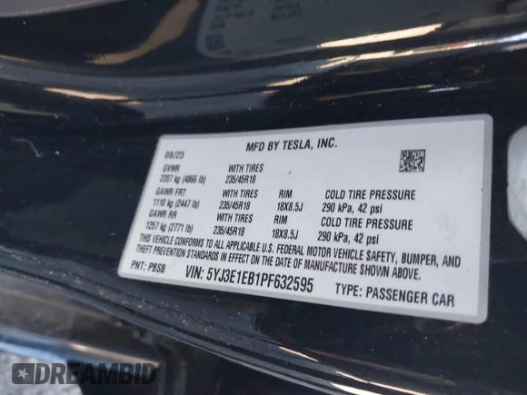 2023 Tesla Model 3 Long Range with VIN 5YJ3E1EB1PF632595, listed as a IAAI auction lot 41754131 with 8,147 mi miles and . Bid and sale history available at DreamBid. Image 9.