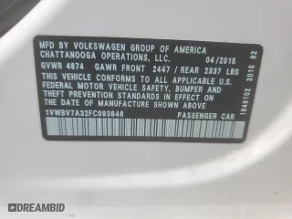 2015 Volkswagen Passat 2.0L TDI SE w/Sunroof with VIN 1VWBV7A32FC093846, listed as a Copart auction lot 52032715 with 124,434 mi miles and Salvage Title. Bid and sale history available at carsss.com. Image 12.