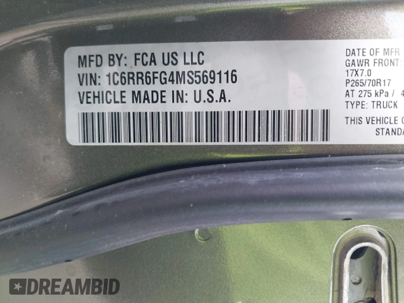 2021 Ram 1500 Tradesman with VIN 1C6RR6FG4MS569116, listed as a IAAI auction lot 41510076 with 80,168 mi miles and . Bid and sale history available at DreamBid. Image 9.