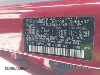 2022 Hyundai Kona SEL with VIN KM8K6CAB2NU890103, listed as a IAAI auction lot 41241709 with 54,868 mi miles. Bid and sale history available at carsss.com. Image 9.