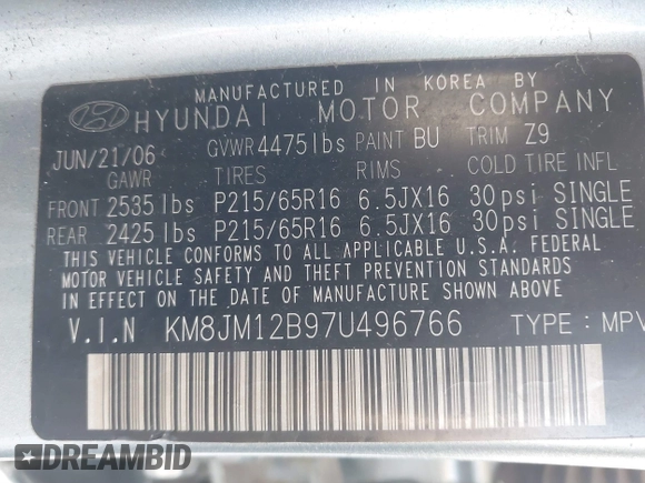 2007 Hyundai Tucson GLS with VIN KM8JM12B97U496766, listed as a IAAI auction lot 41071563 with 109,382 mi miles. Bid and sale history available at carsss.com. Image 9.