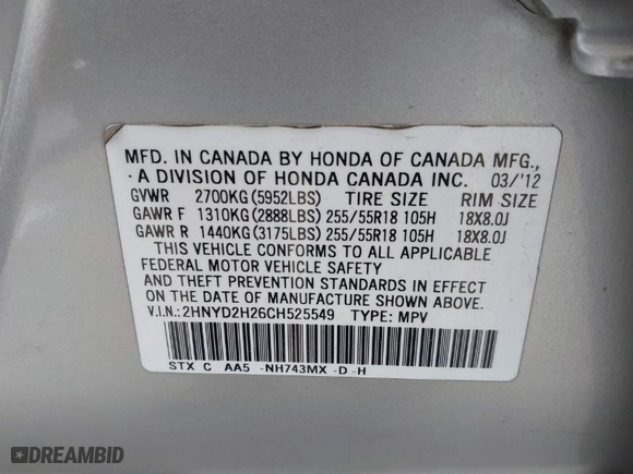 2012 Acura MDX with VIN 2HNYD2H26CH525549, listed as a IAAI auction lot 41265390 with 146150 miles. Bid and sale history available at carsss.com. Image 9.