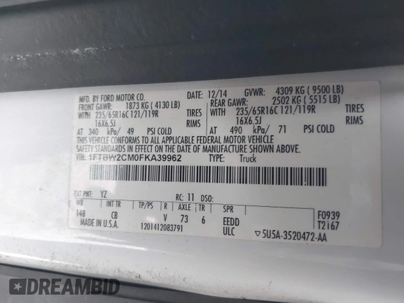 2015 Ford Transit с VIN 1FTBW2CM0FKA39962, выставлен на аукционе IAAI как лот 41370832 с пробегом 110 543 миль миль и . История ставок и продаж доступна на DreamBid. Изображение 9.