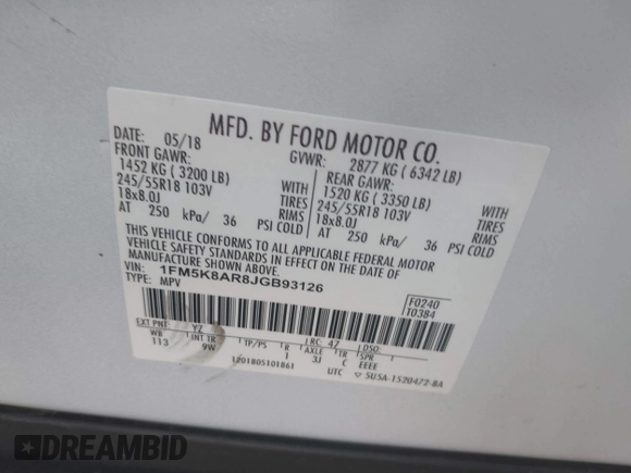 2018 Ford Police Interceptor Utility z VIN 1FM5K8AR8JGB93126, wystawiony jako IAAI lot #41642960 z przebiegiem 64 650 mil mil oraz . Historia ofert i sprzedaży dostępna na DreamBid. Obrazek 9.