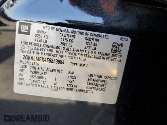 2014 GMC Terrain SLE z VIN 2GKALMEK4E6339084, wystawiony jako Copart lot #59180395 z przebiegiem 118 985 mil mil oraz Szkoda całkowita • Salvage title. Historia ofert i sprzedaży dostępna na DreamBid. Obrazek 13.