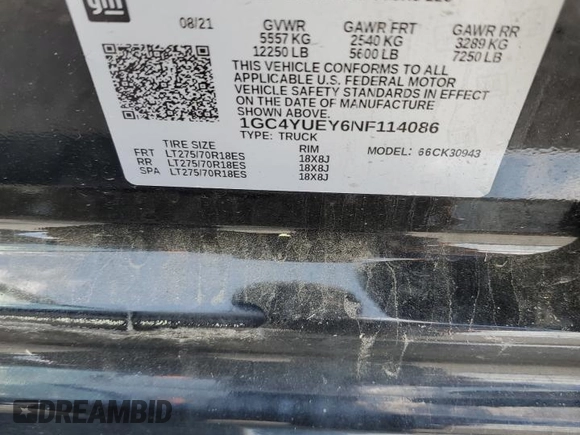 2022 Chevrolet Silverado 3500HD LTZ z VIN 1GC4YUEY6NF114086, wystawiony jako Copart lot #55552245 z przebiegiem 112 029 mil mil oraz Szkoda całkowita • Salvage title. Historia ofert i sprzedaży dostępna na DreamBid. Obrazek 12.