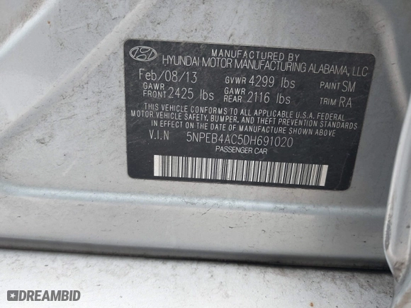 2013 Hyundai Sonata GLS with VIN 5NPEB4AC5DH691020, listed as a IAAI auction lot 41087635 with 78,799 mi miles. Bid and sale history available at carsss.com. Image 9.