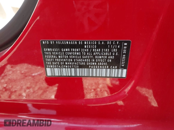 2015 Volkswagen Jetta SE с VIN 3VWD07AJ2FM357720, выставлен на аукционе IAAI как лот 42281983 с пробегом 92 965 миль миль и . История ставок и продаж доступна на DreamBid. Изображение 9.