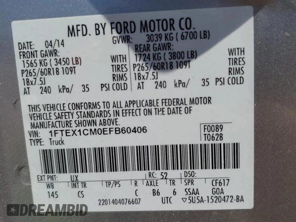 2014 Ford F-150 XL with VIN 1FTEX1CM0EFB60406, listed as a Copart auction lot 53823245 with Not provided miles and Salvage title. Bid and sale history available at DreamBid. Image 12.