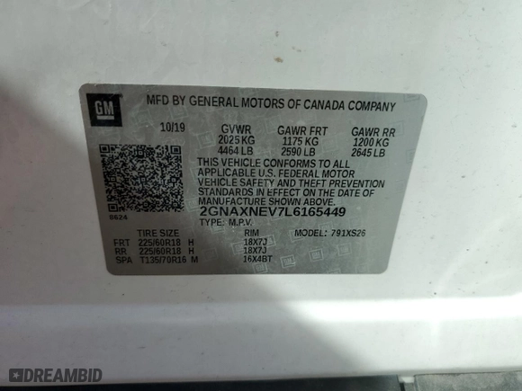 2020 Chevrolet Equinox Premier with VIN 2GNAXNEV7L6165449, listed as a Copart auction lot 47382675 with 73,261 mi miles and Non Repairable. Bid and sale history available at carsss.com. Image 13.