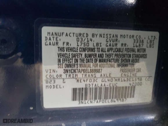 2014 Nissan Versa SV with VIN 3N1CN7AP0EL869987, listed as a Copart auction lot 50619915 with 45,822 mi miles and Salvage Title. Bid and sale history available at carsss.com. Image 12.