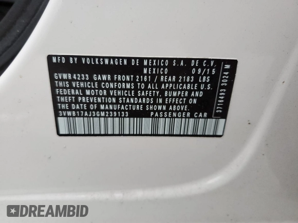 2016 Volkswagen Jetta Sport with VIN 3VWB17AJ3GM239133, listed as a Copart auction lot 40429084 with 130,875 mi miles and Salvage title. Bid and sale history available at DreamBid. Image 12.