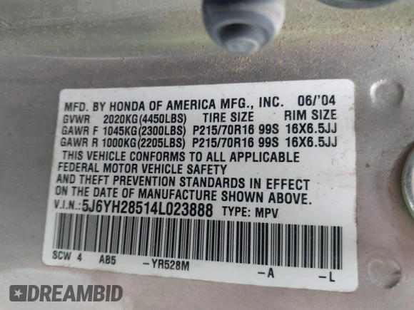 2004 Honda Element EX with VIN 5J6YH28514L023888, listed as a IAAI auction lot 41910521 with 150,170 mi miles and . Bid and sale history available at DreamBid. Image 9.