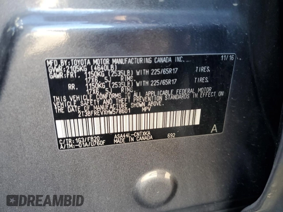 2017 Toyota RAV4 LE z VIN 2T3BFREVXHW578601, wystawiony jako Copart lot #56885775 z przebiegiem 93 393 mil mil oraz Szkoda całkowita • Salvage title. Historia ofert i sprzedaży dostępna na DreamBid. Obrazek 13.