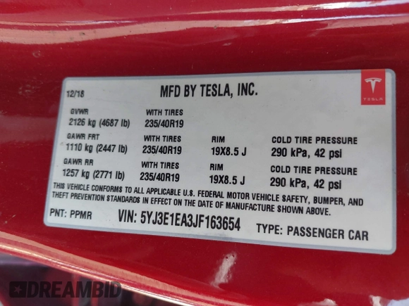 2018 Tesla Model 3 Long Range Battery with VIN 5YJ3E1EA3JF163654, listed as a IAAI auction lot 42193809 with Not Provided miles and . Bid and sale history available at DreamBid. Image 9.