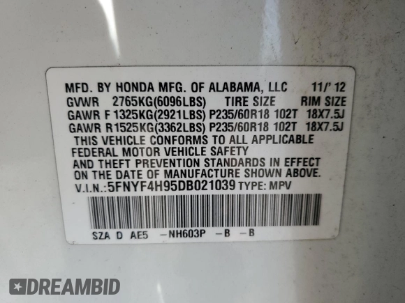 2013 Honda Pilot Touring with VIN 5FNYF4H95DB021039, listed as a Copart auction lot 54518135 with 95,244 mi miles and Salvage title. Bid and sale history available at DreamBid. Image 13.