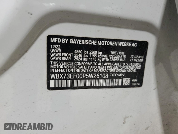 2023 BMW X1 xDrive28i with VIN WBX73EF00P5W26108, listed as a Copart auction lot 55637925 with Not provided miles and Clean title. Bid and sale history available at DreamBid. Image 14.