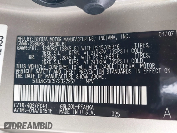 2007 Toyota Sienna CE with VIN 5TDZK23C57S022957, listed as a IAAI auction lot 41723136 with 201,290 mi miles and . Bid and sale history available at DreamBid. Image 9.