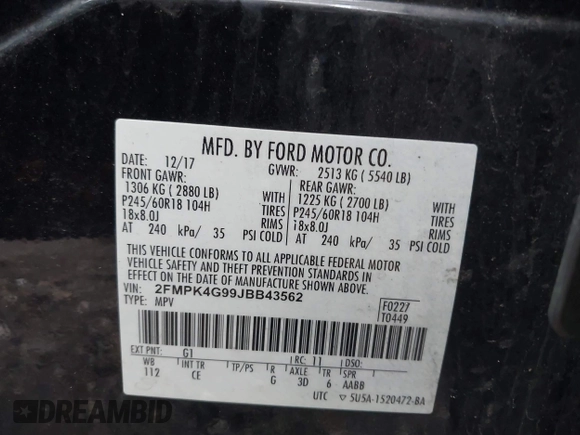 2018 Ford Edge SE with VIN 2FMPK4G99JBB43562, listed as a IAAI auction lot 42228240 with 174,511 mi miles and . Bid and sale history available at DreamBid. Image 9.