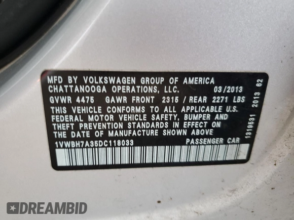 2013 Volkswagen Passat SE с VIN 1VWBH7A35DC118033, выставлен на аукционе Copart как лот 59998325 с пробегом 248 493 миль миль и Чистый • Clean title. История ставок и продаж доступна на DreamBid. Изображение 12.