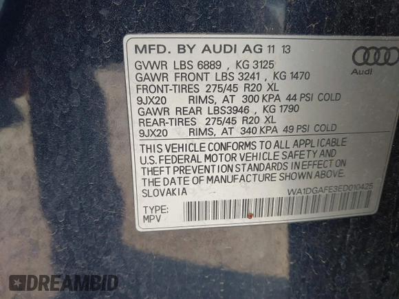 2014 Audi Q7 3.0T S line Prestige with VIN WA1DGAFE3ED010425, listed as a IAAI auction lot 41523192 with 172,671 mi miles. Bid and sale history available at carsss.com. Image 9.