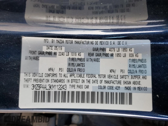 2019 Mazda 3 w/Select Pkg with VIN 3MZBPAAL3KM112243, listed as a Copart auction lot 87962615 with 31,053 mi miles and Salvage Title. Bid and sale history available at carsss.com. Image 12.