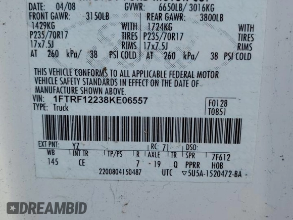 2008 Ford F-150 XL with VIN 1FTRF12238KE06557, listed as a Copart auction lot 87107984 with 192,617 mi miles and Salvage title. Bid and sale history available at DreamBid. Image 12.